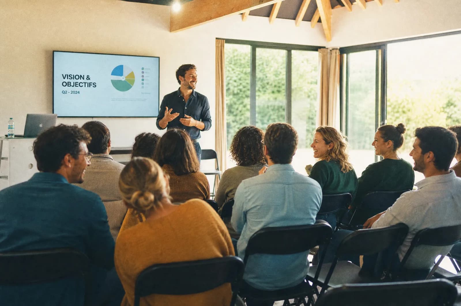 Équipe assistant à un séminaire dans une salle lumineuse