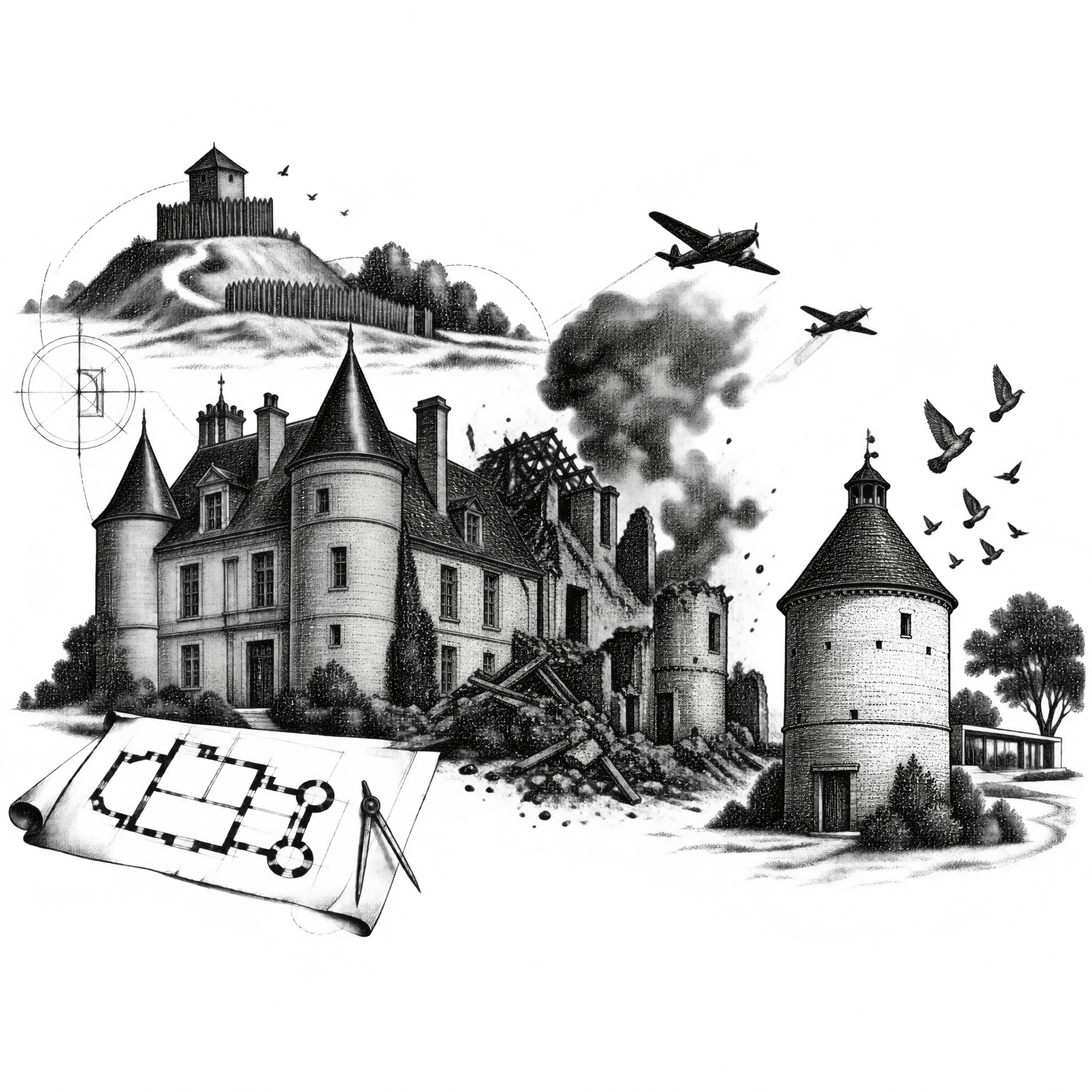 Illustration of the Wolphus château destroyed during the Second World War