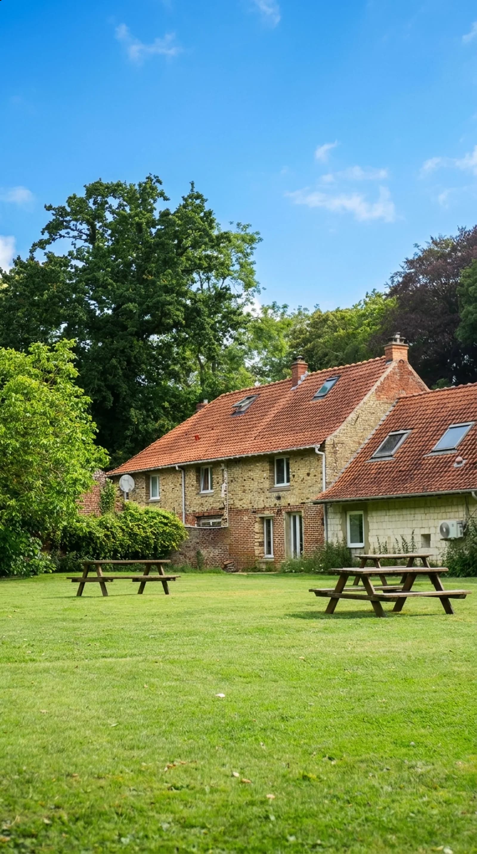 Bâtiment de la ferme entouré de pelouses