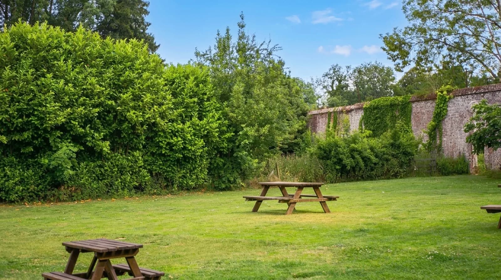 Jardin clos et tables de pique-nique